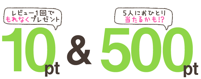 レビュー1回でもれなく10ptプレゼント　5人におひとり当たるかも!?500pt