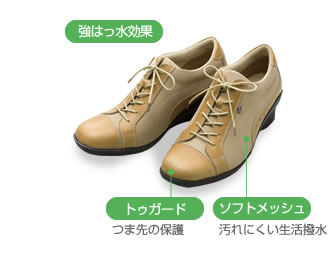 強はっ水効果<br />
トゥガード:つま先の保護<br />
ソフトメッシュ:汚れにくい生活撥水